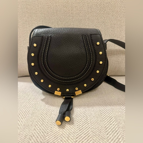 Rare! Chloe Black Leather Studded Small Marcie Saddle Crossbody - Picture 2 of 14